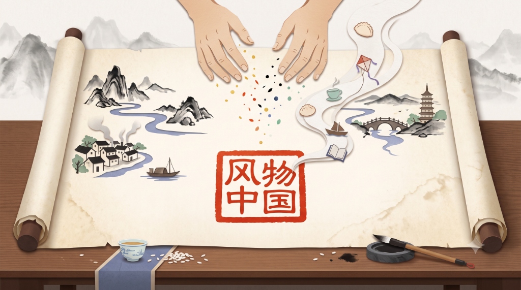《风物中国》AIGC 纪录片 纸工艺拼贴封面